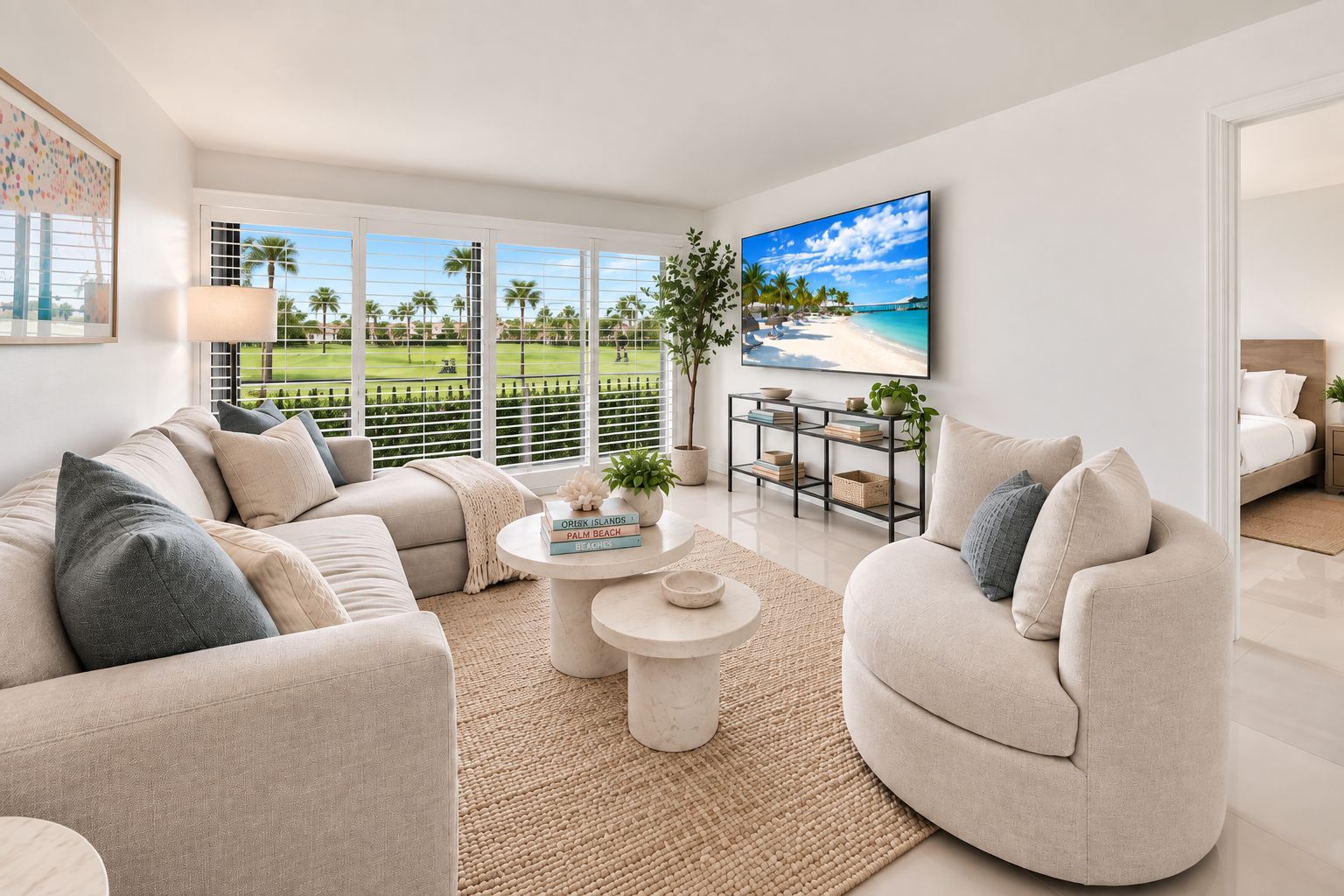 A modern living room with a large window, a flat-screen TV, and a bookshelf.