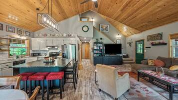 Smart TV, fireplace, video games, DVD player