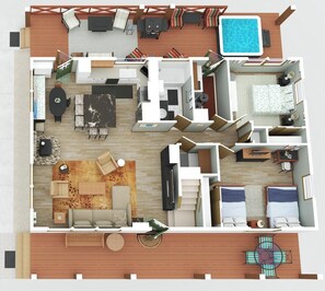 Un appartement de deux chambres comprenant un salon, un coin repas, une cuisine et un petit balcon.