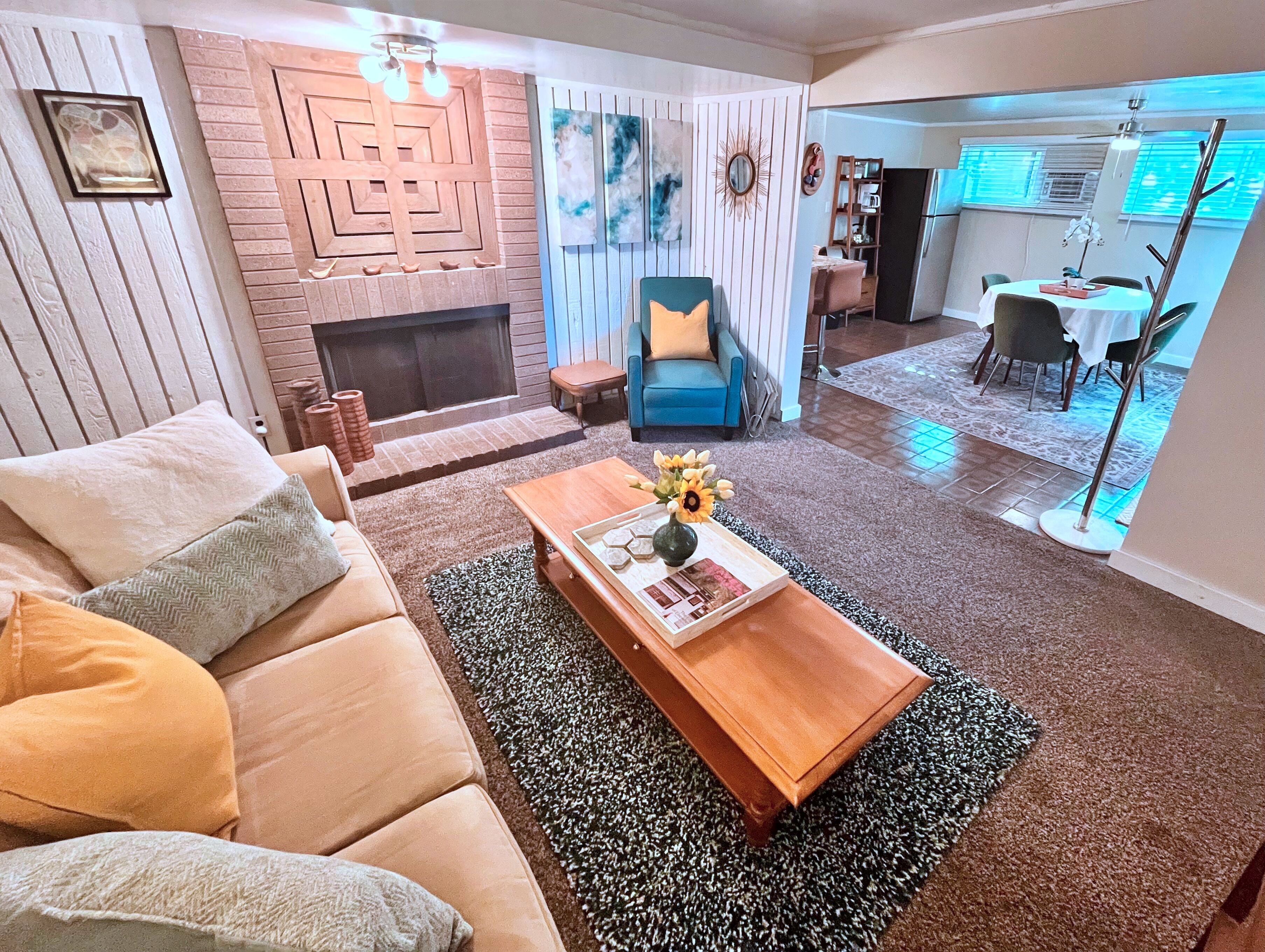 Smart TV, fireplace, video games, DVD player