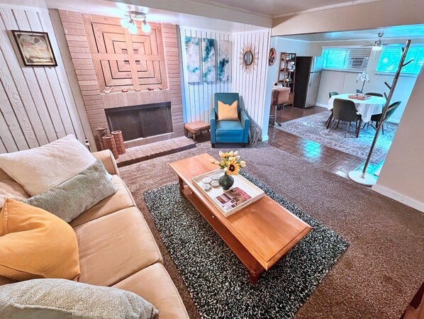 Smart TV, fireplace, video games, DVD player