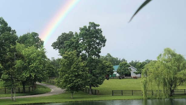 A serene landscape with a lake, a rainbow, and a fenced area with trees. - MuddyPond Campground is a beautiful,and peaceful,relaxing place, <br> (Monterey)