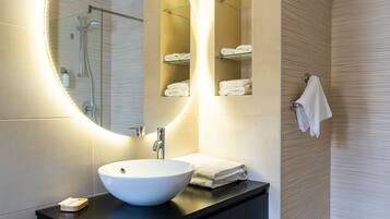 Shower, rainfall showerhead, designer toiletries, hair dryer