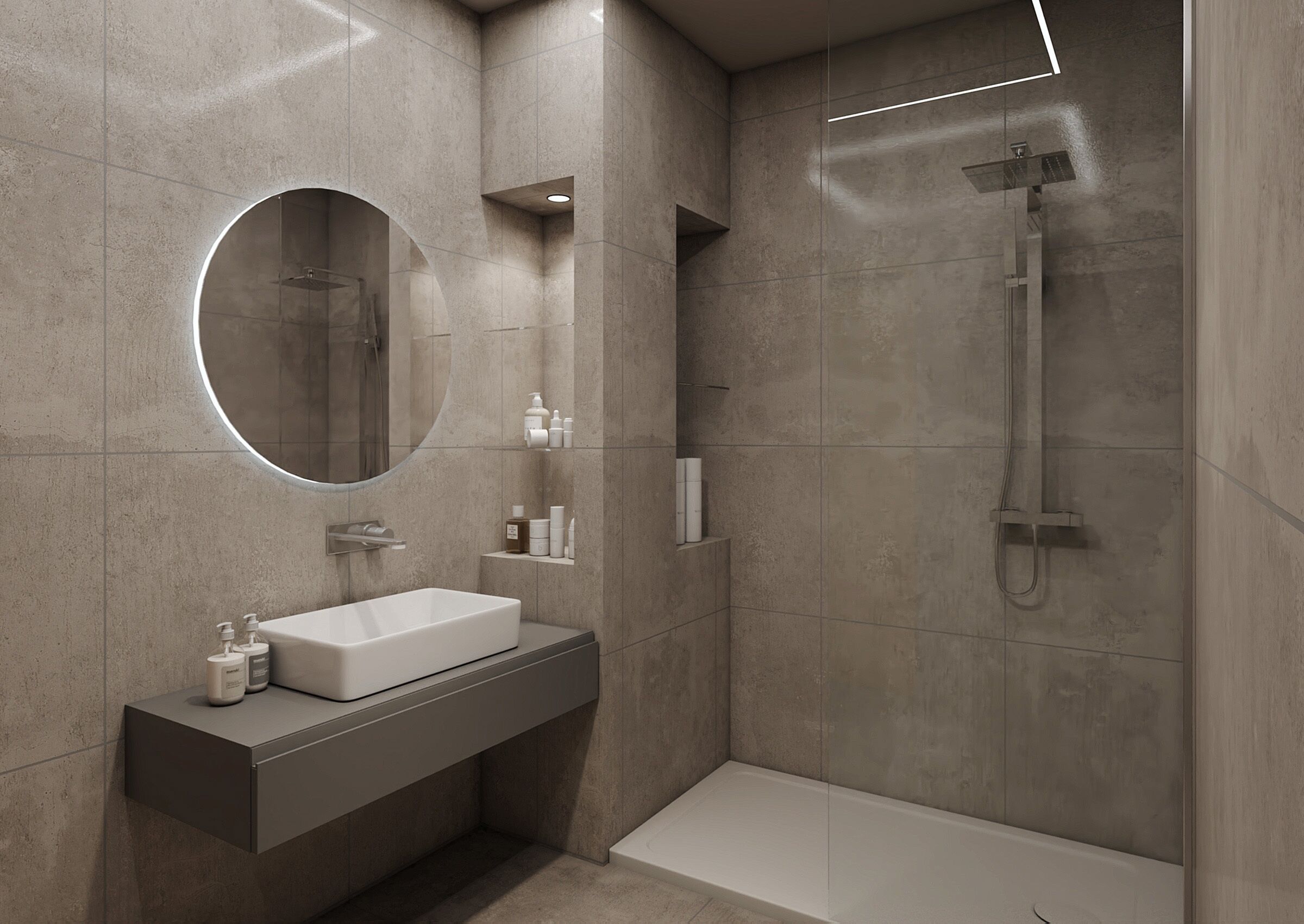 Douche, douche à « effet pluie », articles de toilette de luxe