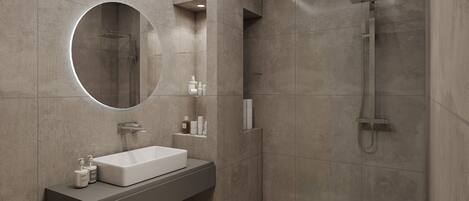 Douche, douche à « effet pluie », articles de toilette de luxe