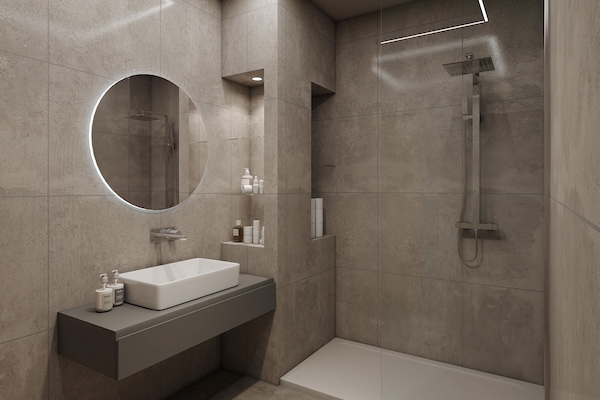 Shower, rainfall showerhead, designer toiletries, hair dryer