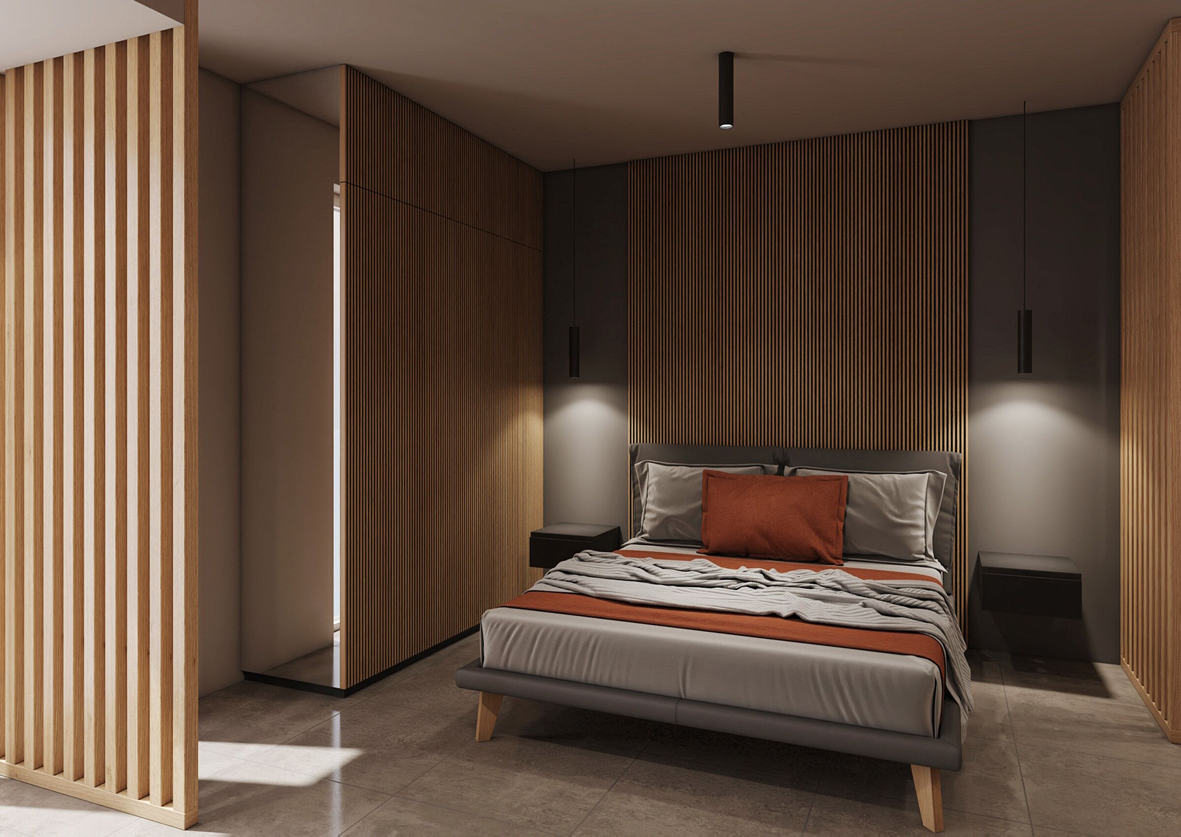 Een moderne slaapkamer met een bed, houten lambrisering en inbouwverlichting.