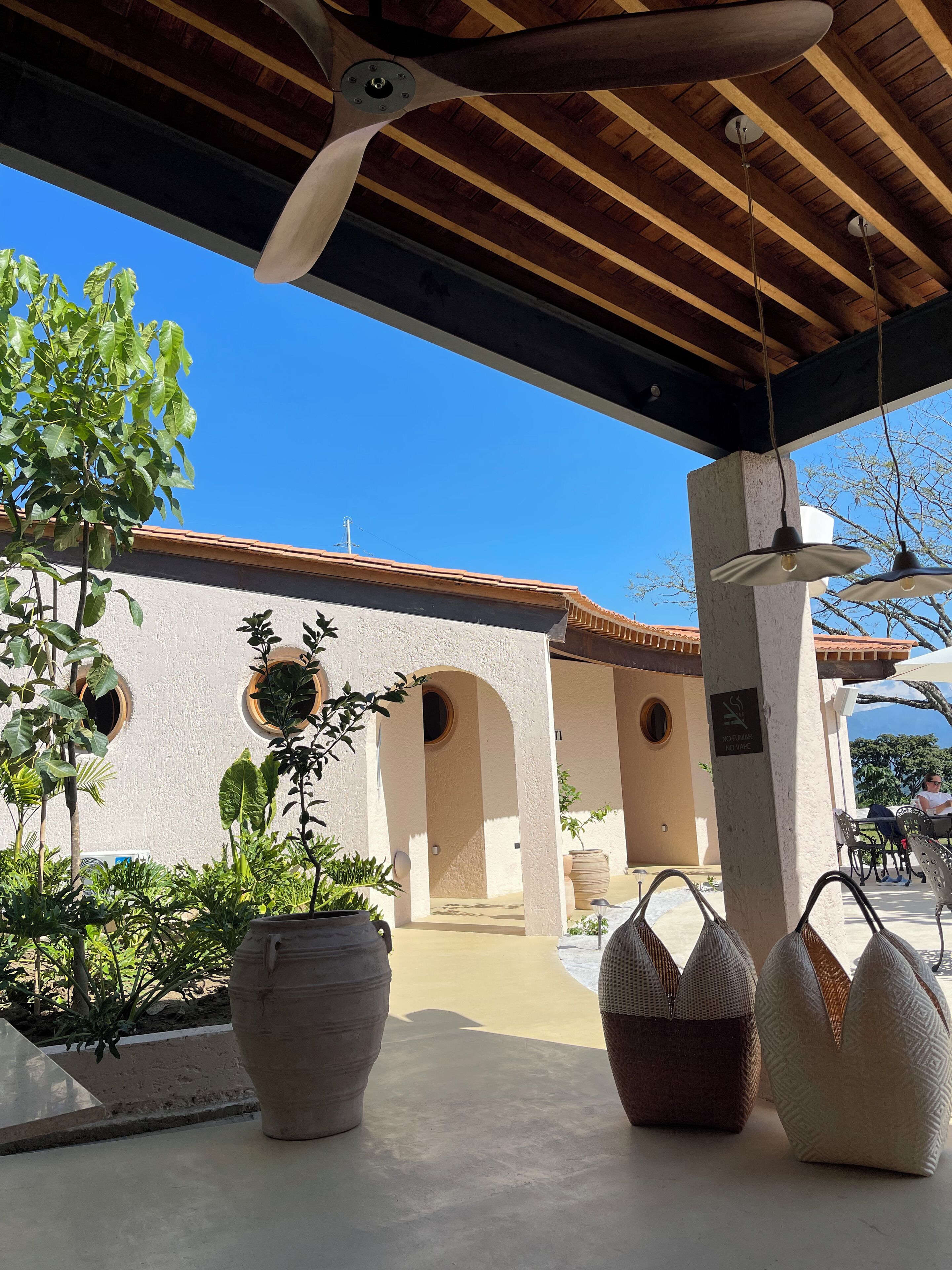 A covered outdoor area with a wooden ceiling, potted plants, and a building with arched doorways.
