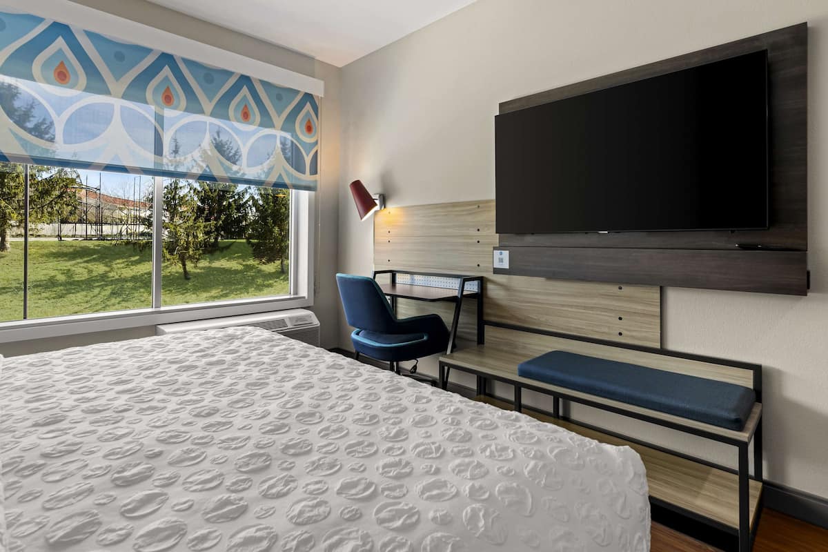 Ein Hotelzimmer mit einem großen Bett, einem Schreibtisch, einem Sessel, einer Bank, einem an der Wand montierten Fernseher und einem Fenster mit Blick auf Grünflächen.