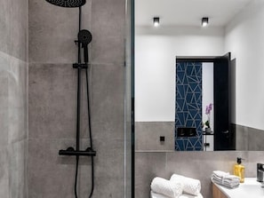 Shower, hair dryer, towels