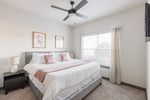 2 bedrooms, desk, iron/ironing board, travel crib