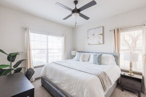 2 bedrooms, desk, iron/ironing board, travel cot