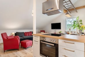 A compact kitchen with a built-in oven, a small sink, and a wooden countertop. - Holiday Apartment 'Kirsche' with Shared Terrace, Shared Garden and Wi-Fi (Sasbach am Kaiserstuhl)