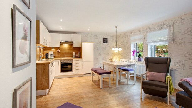 A modern kitchen with wooden cabinets, a dining area with a table and chairs, and a seating area with a sofa and armchair.