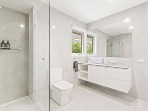 Shower, eco-friendly toiletries, hair dryer, towels