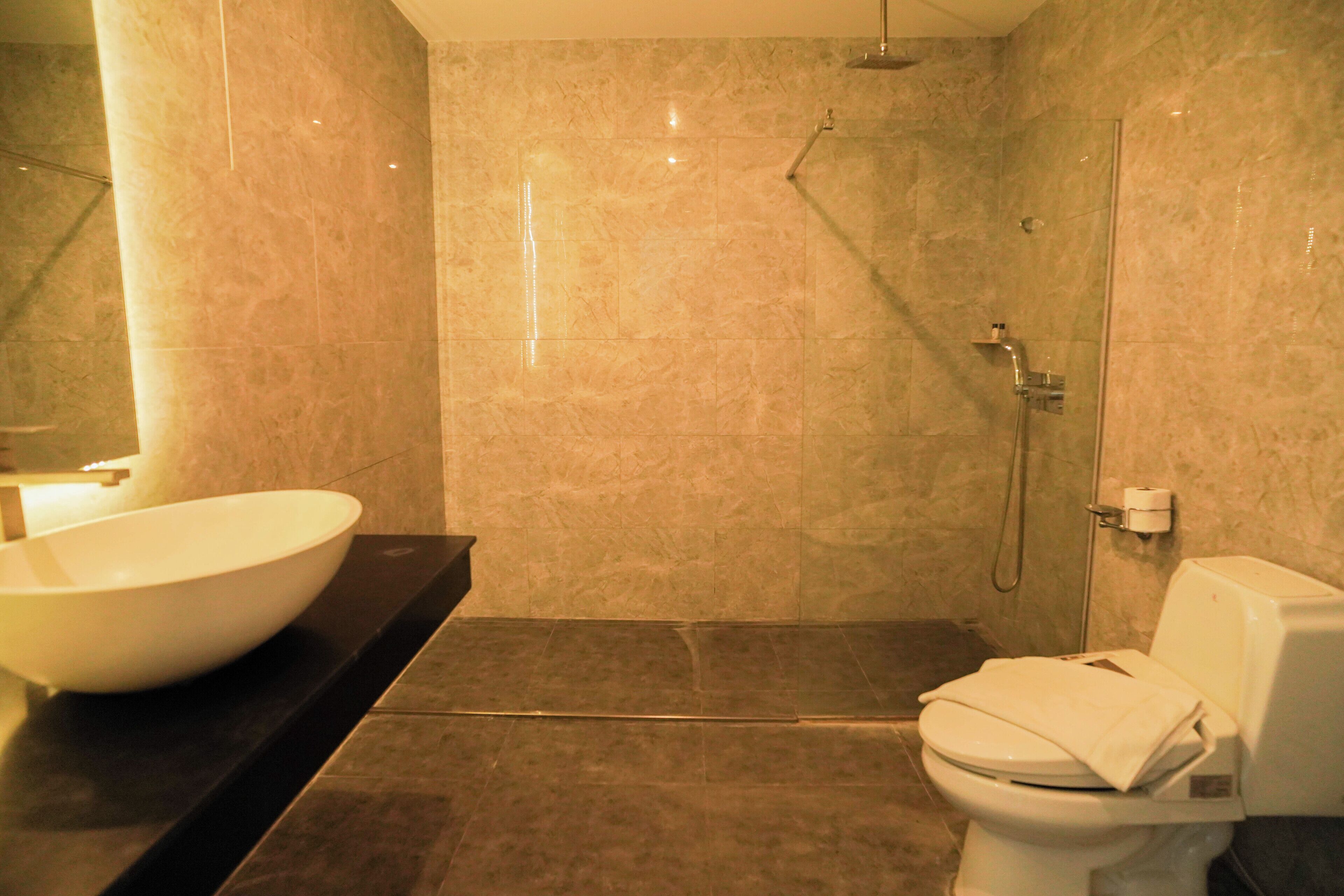 Une salle de bain avec un grand lavabo blanc, des toilettes et un espace douche.