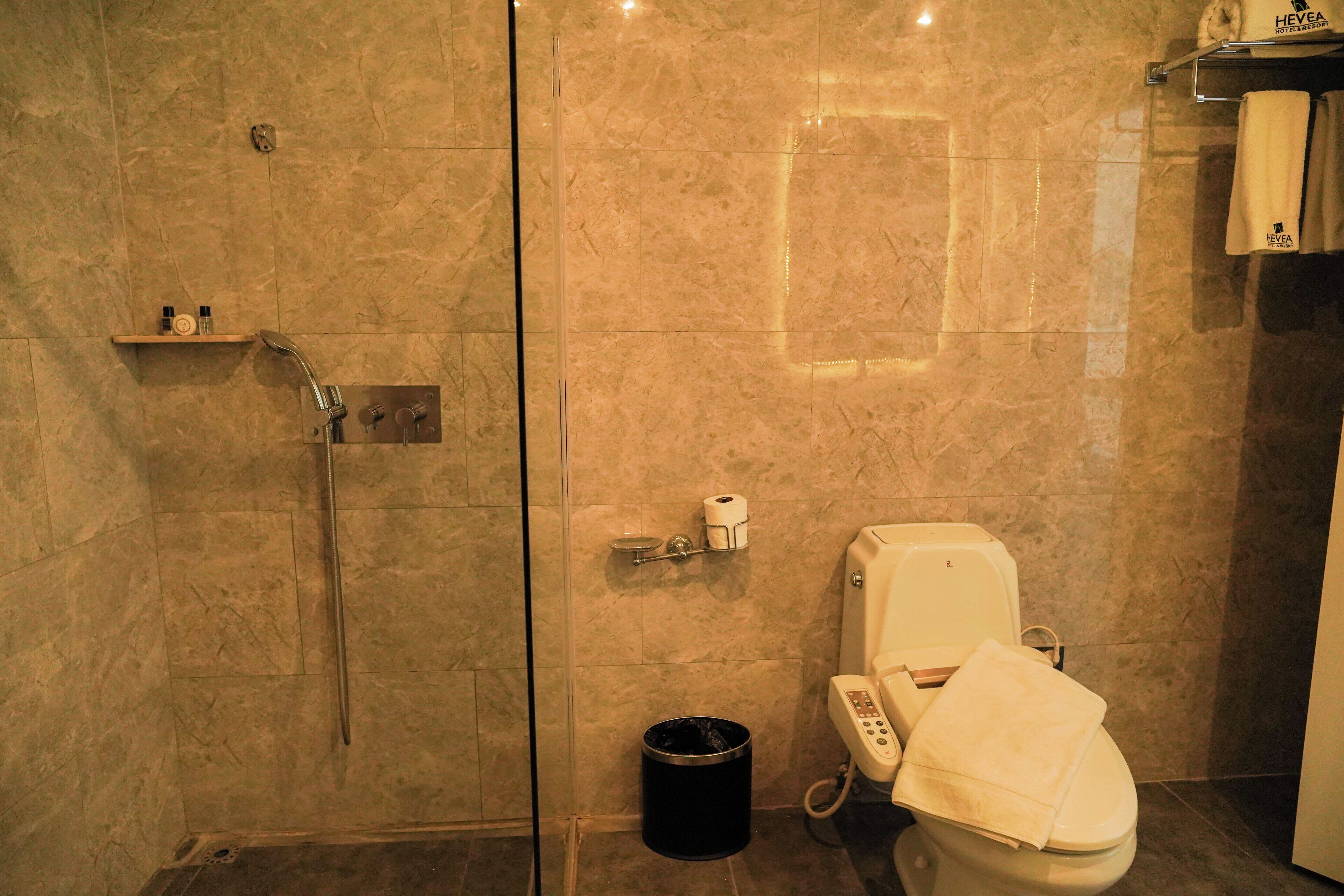 A bathroom with a shower, toilet, and a small shelf with toiletries.