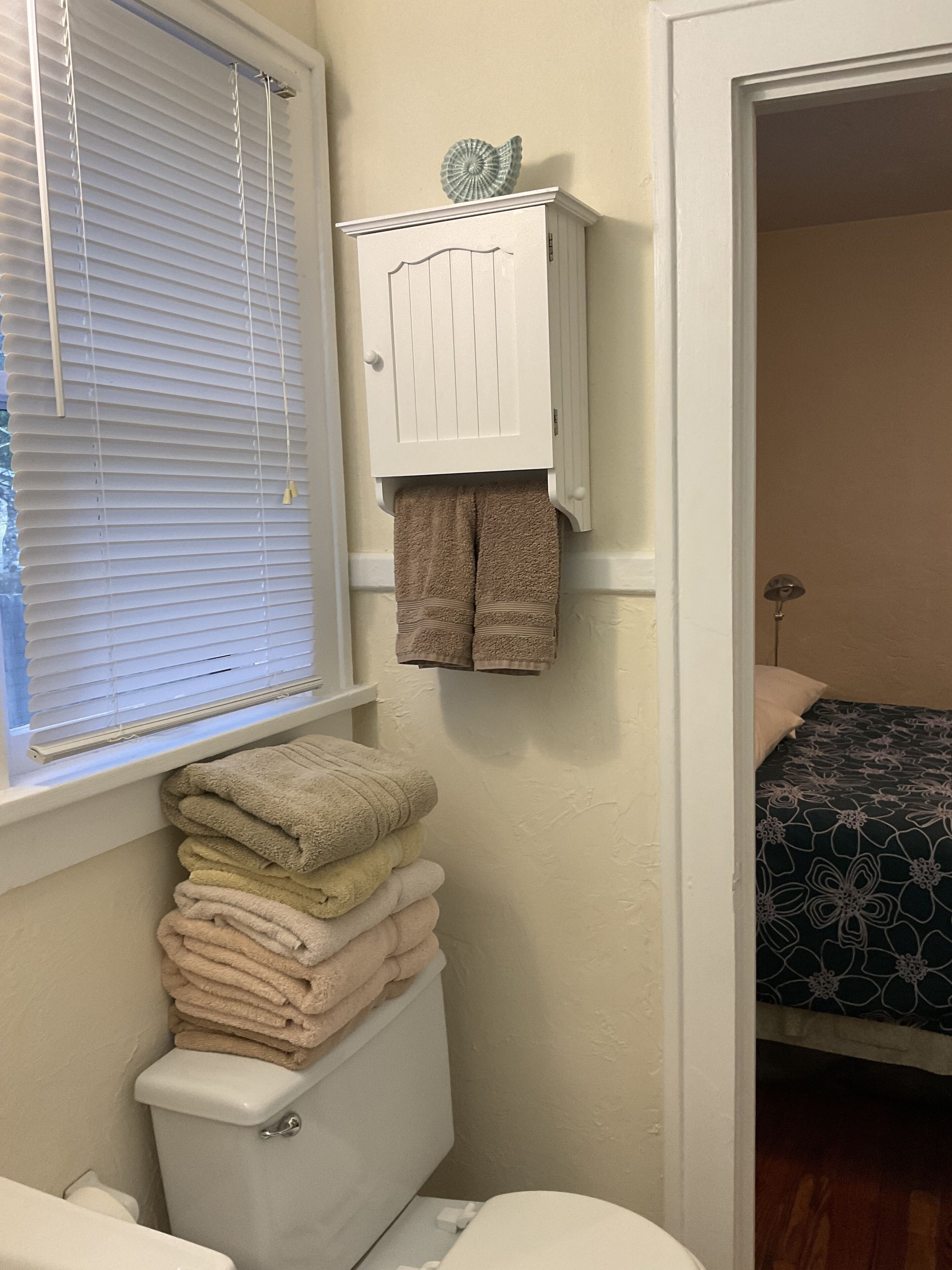 Sèche-cheveux, serviettes fournies, savon, shampoing