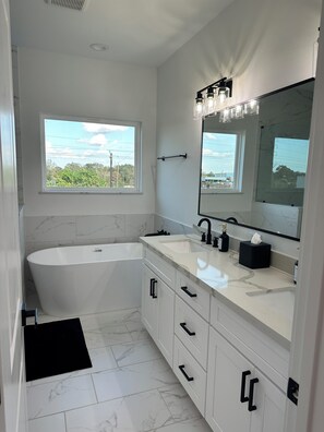 Hair dryer, towels, soap, toilet paper