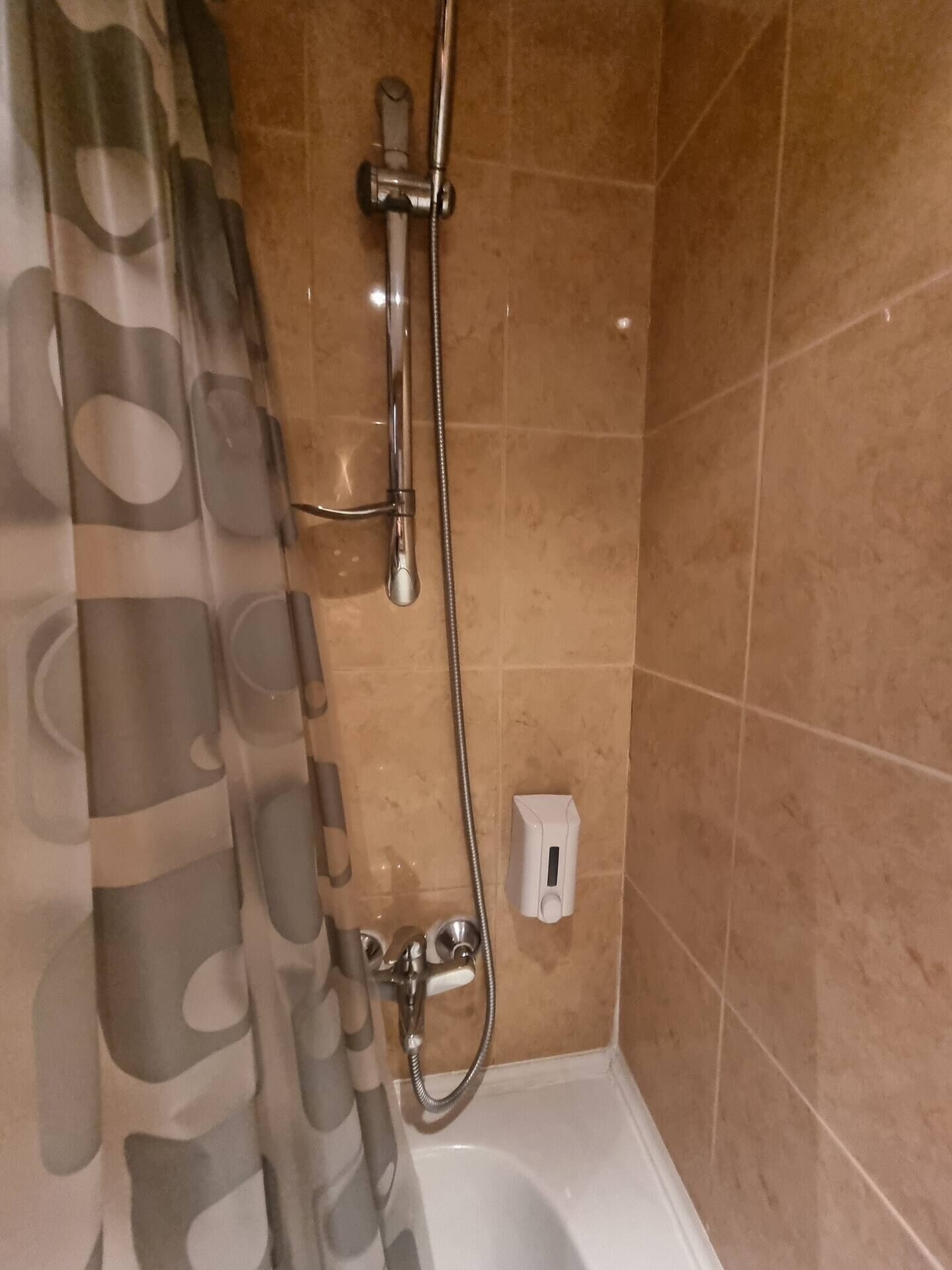 Et badeværelse med bruser, toilet og håndvask.
