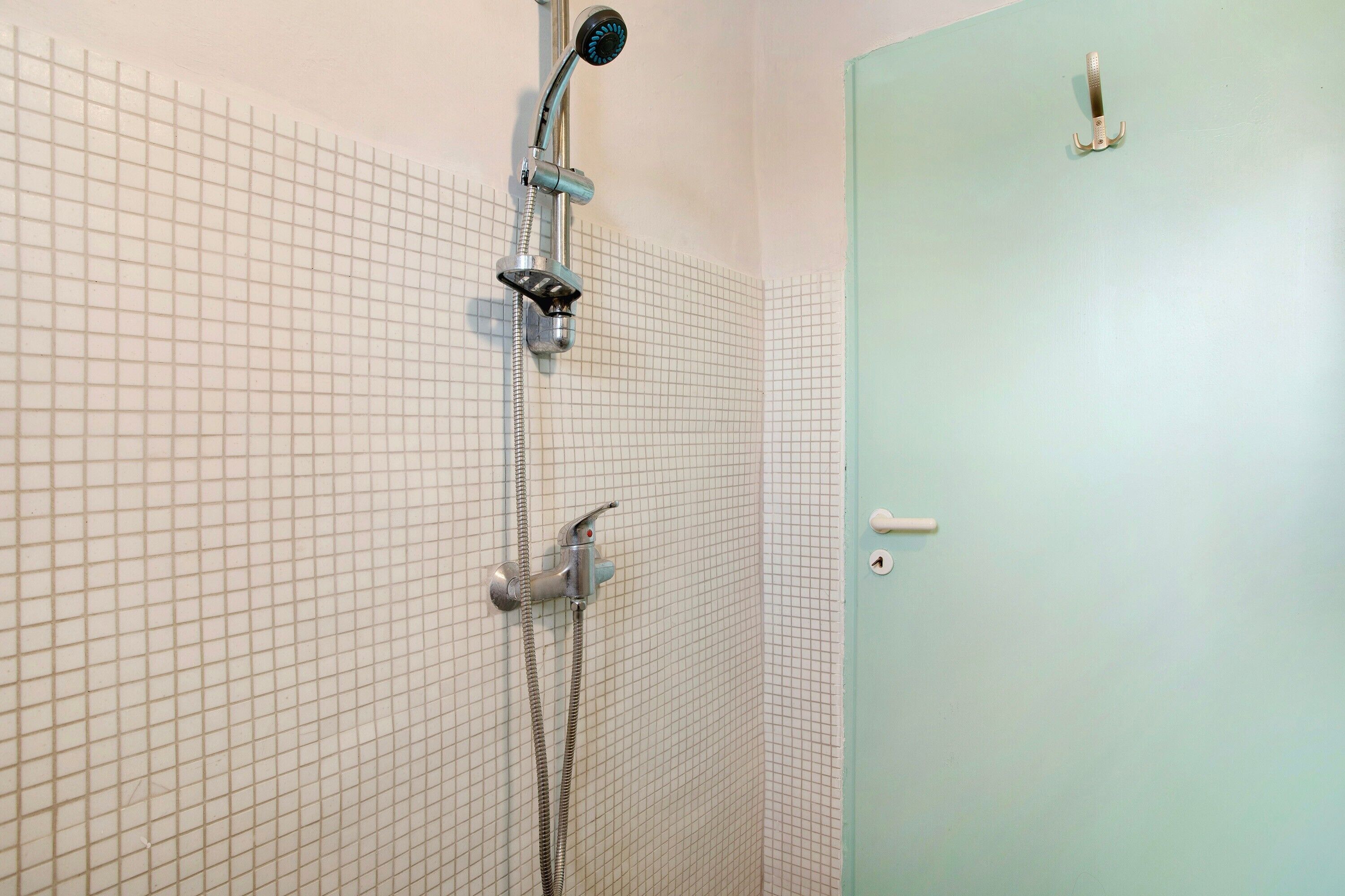 Une salle de bain avec une douche, des murs carrelés et une porte.