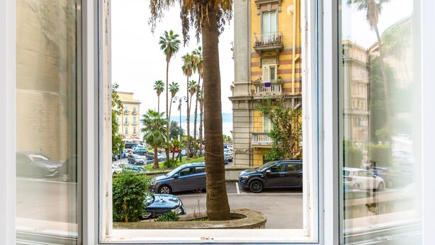 Blick aus einem Fenster eines Gebäudes auf eine Straßenszene mit parkenden Autos und Palmen.