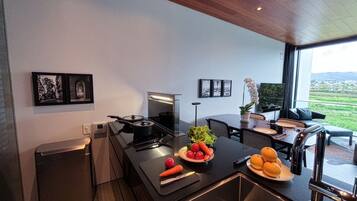 A modern kitchen with a stove, sink, and dining area. There are framed pictures on the wall, a potted plant, and a view of the outdoors.