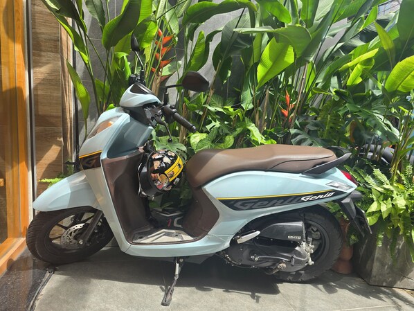 A scooter parked in front of a building with a tiled floor and surrounded by lush green plants.
