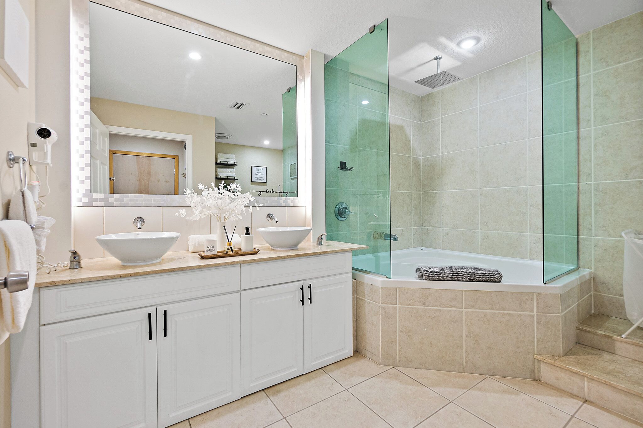 Hair dryer, towels, soap, shampoo