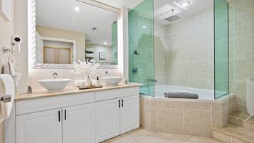 Hair dryer, towels, soap, shampoo