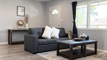 Ein modernes Wohnzimmer mit einem grauen Sofa, einem Couchtisch und einem Teppich.
