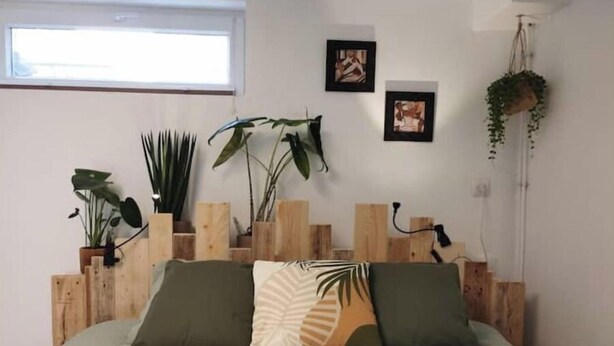 A bed with green and beige pillows, wooden headboard, and potted plants. - Appartement Proche Gare et Centre-ville D'amiens (Rivery)