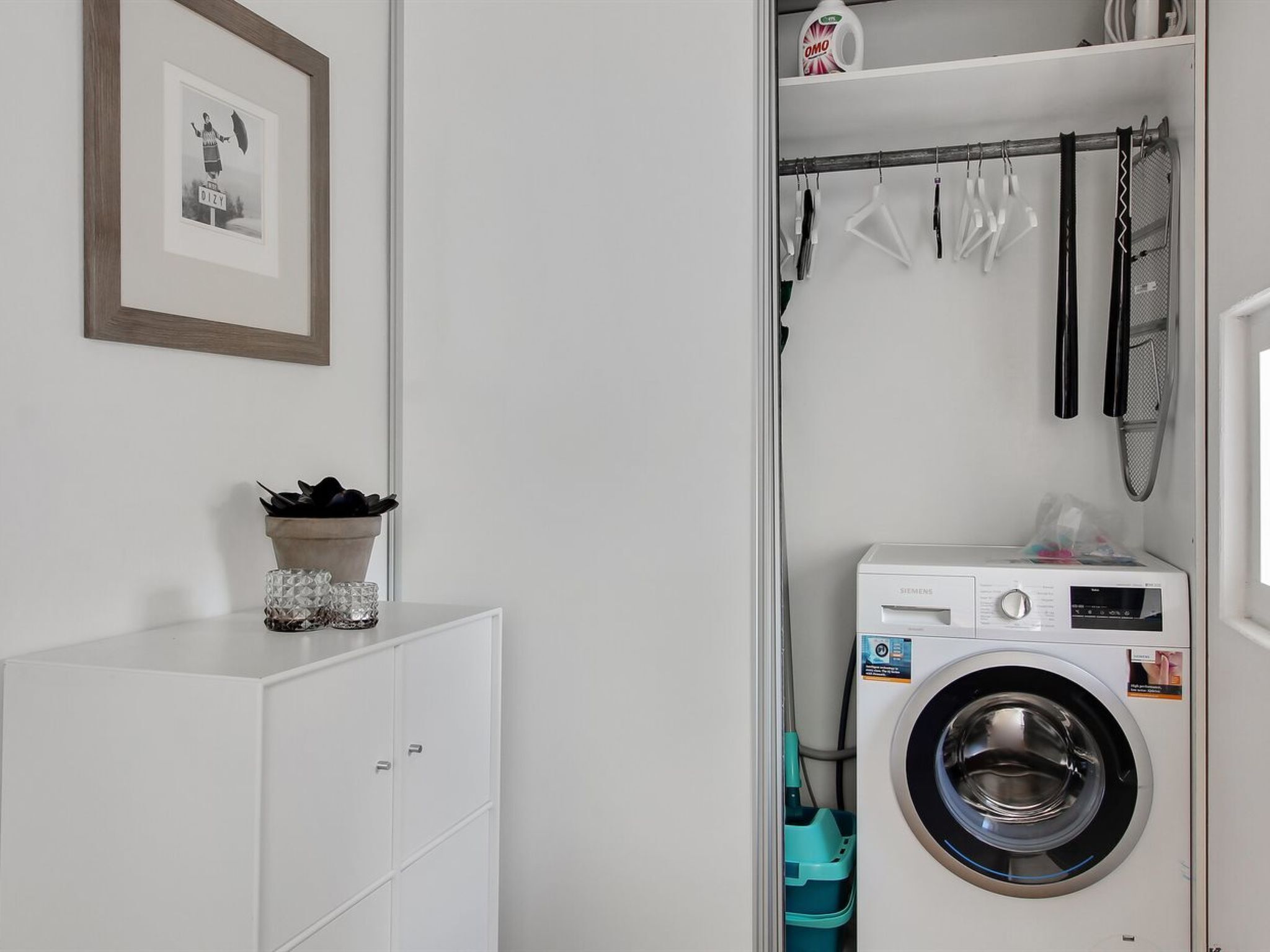A laundry room with a washing machine, a drying rack, and a potted plant.