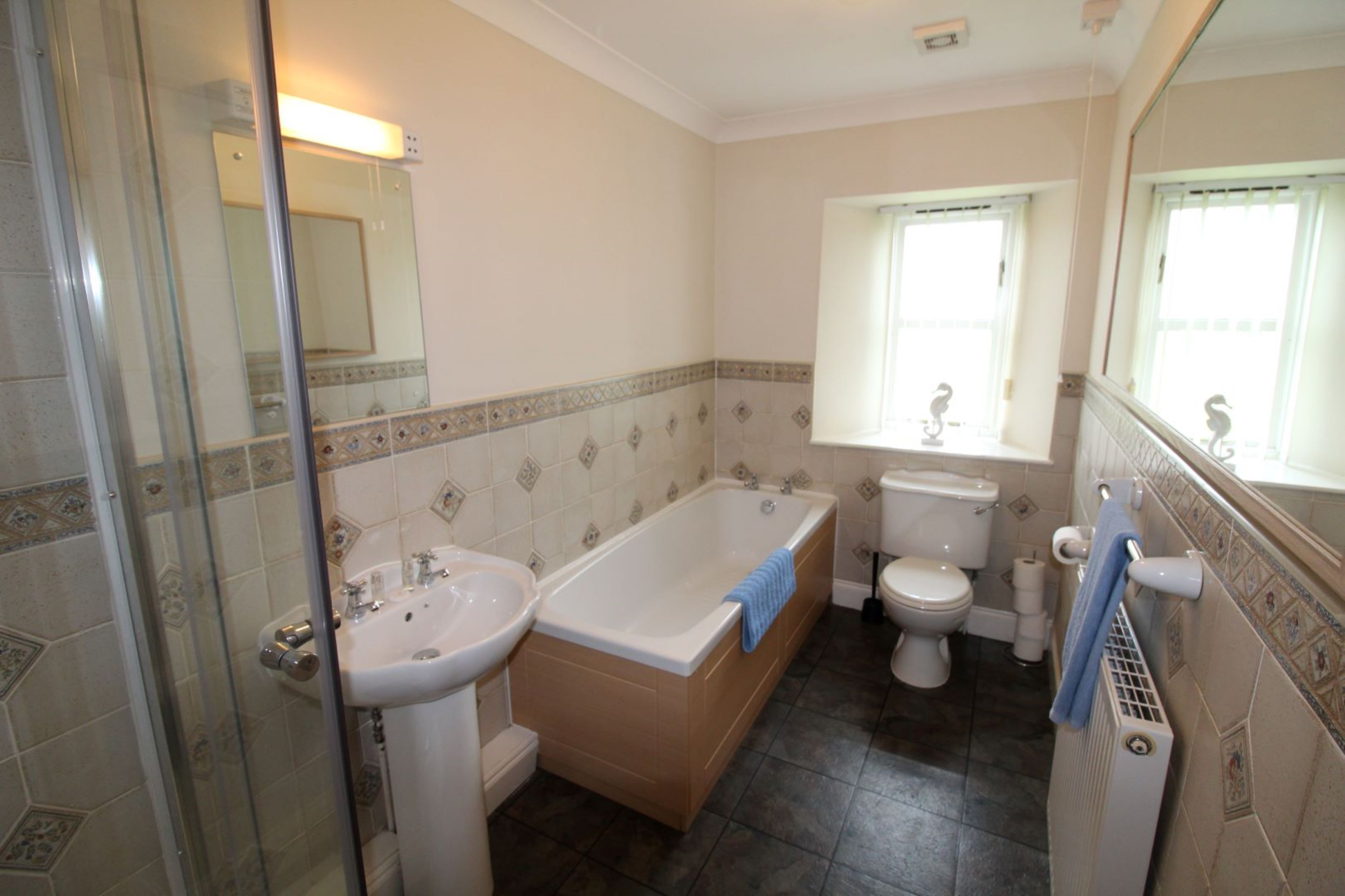 Combined shower/tub, hair dryer, towels