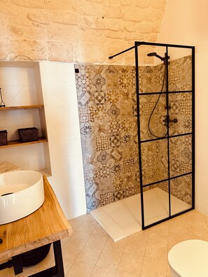 Hair dryer, bidet, towels, soap