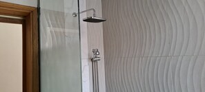 Regadera, toallas, jabón, shampoo 