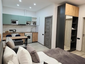 A compact living space with a kitchenette, a washing machine, a sofa with cushions, and a wardrobe with a mirror. - Tatenc tun (Gyumri)