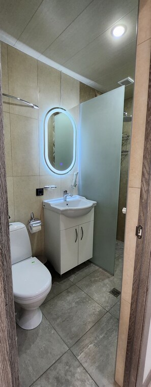 A modern bathroom with a toilet, sink, and mirror. - Tatenc tun (Gyumri)