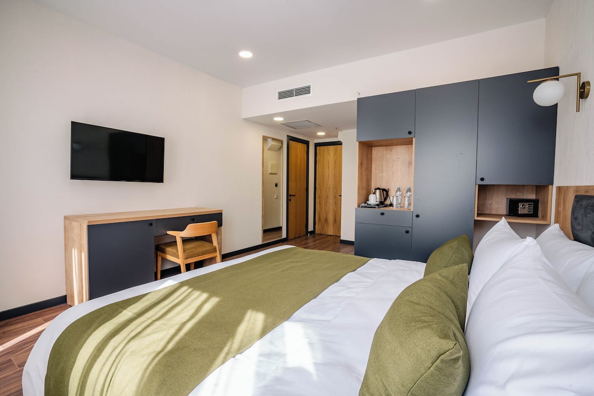 Una habitación de hotel moderna con una cama grande, un escritorio, un televisor y un armario.