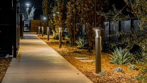 Un sendero nocturno bordeado de árboles e iluminado por bolardos, que conduce a la entrada de un edificio.