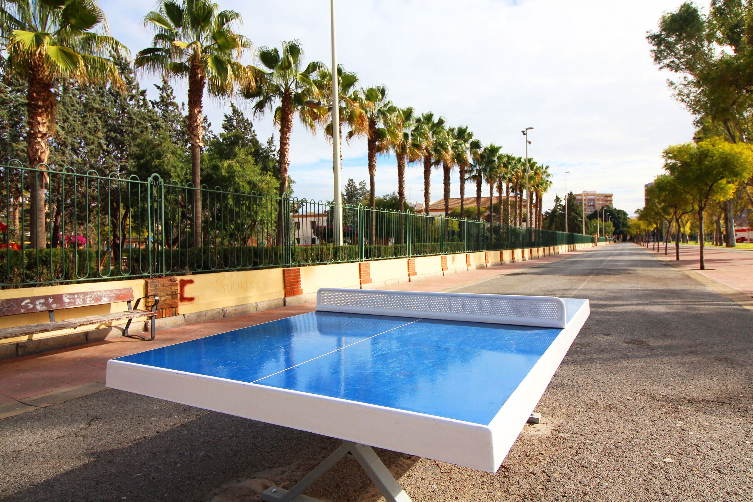 A ping pong table in an outdoor setting with palm trees and a fence.