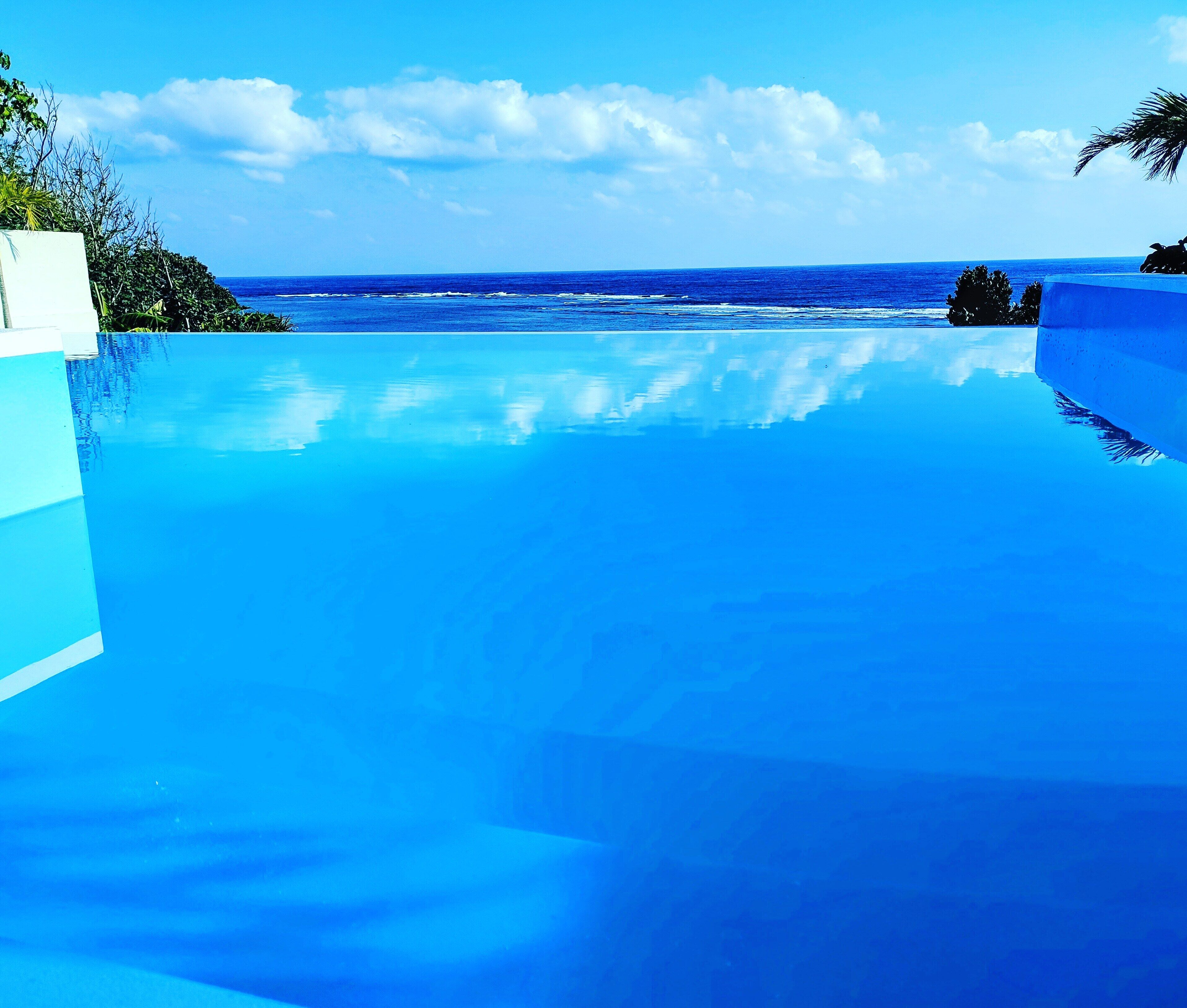 Una piscina azul cristalina con vista al océano y una palmera.