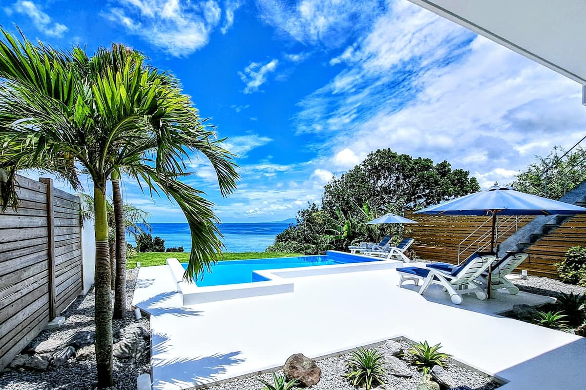 A swimming pool with a view of the ocean, surrounded by palm trees and lounge chairs.