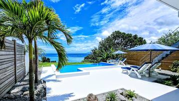 A swimming pool with a view of the ocean, surrounded by palm trees and lounge chairs.