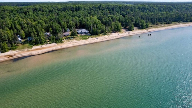 Eine Küstenlandschaft mit Sandstrand, dichtem Wald und ruhigem Gewässer.
