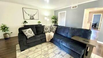 TV, fireplace, books, offices