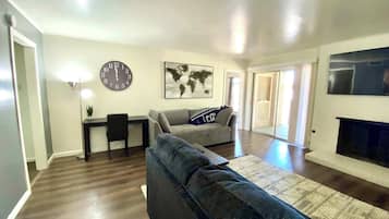 Télévision, cheminée, livres, espaces bureaux