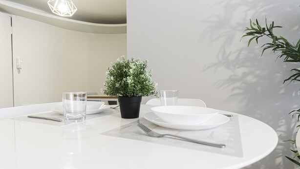 A round dining table with white plates, glasses, and cutlery. There is a potted plant in the center. - Italianway - San Marco 1 (Milan)