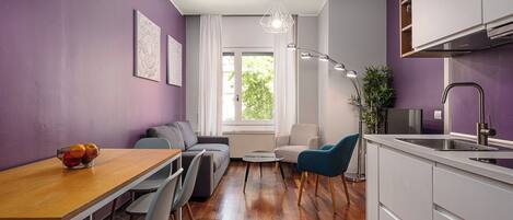 Fridge, microwave, electric kettle, dining tables