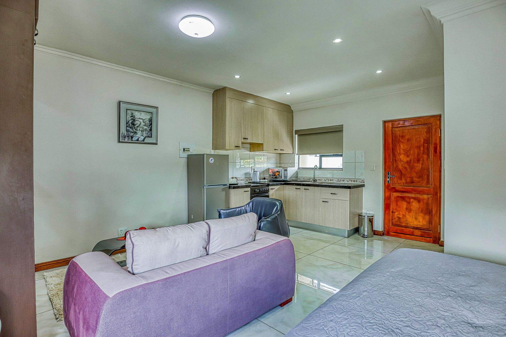 A compact living space with a kitchenette, a sofa, and a bed.
